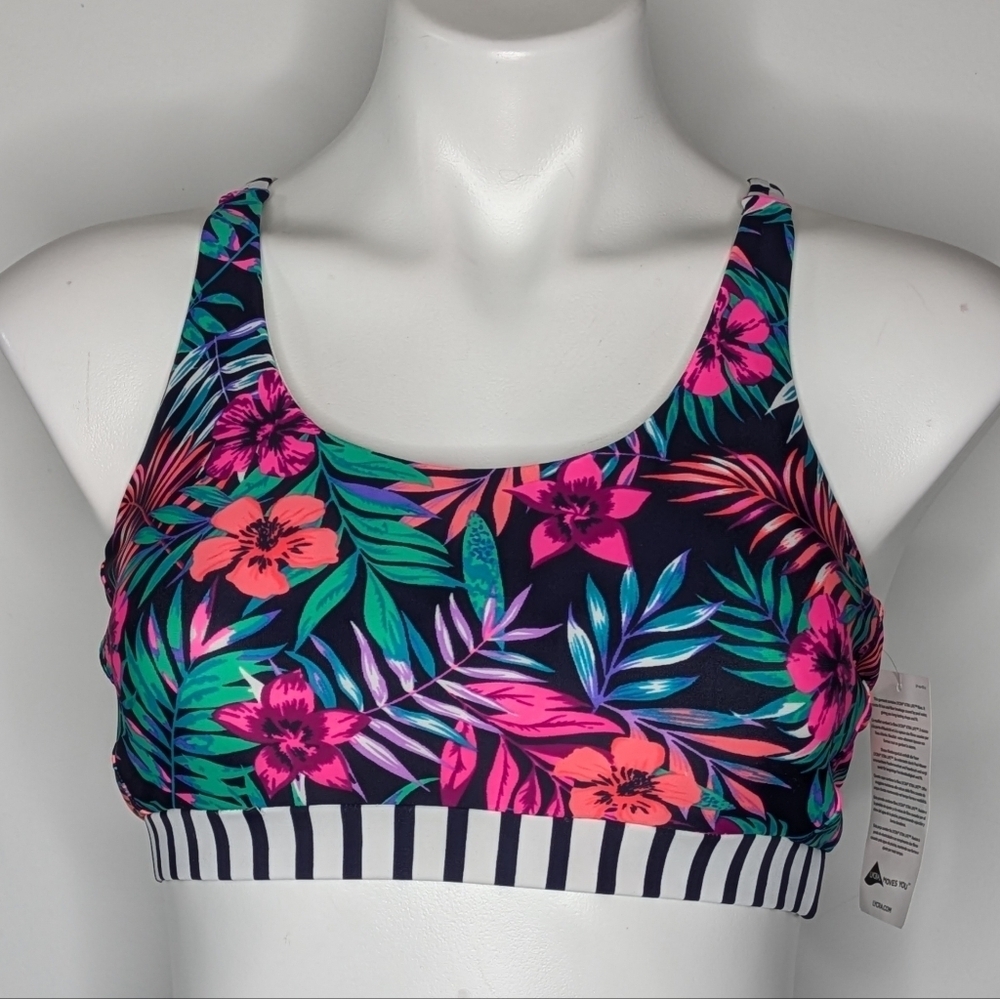 NWT Lascana Black Pink Tropical Floral Full Coverage Strappy Back Bikini Top 6